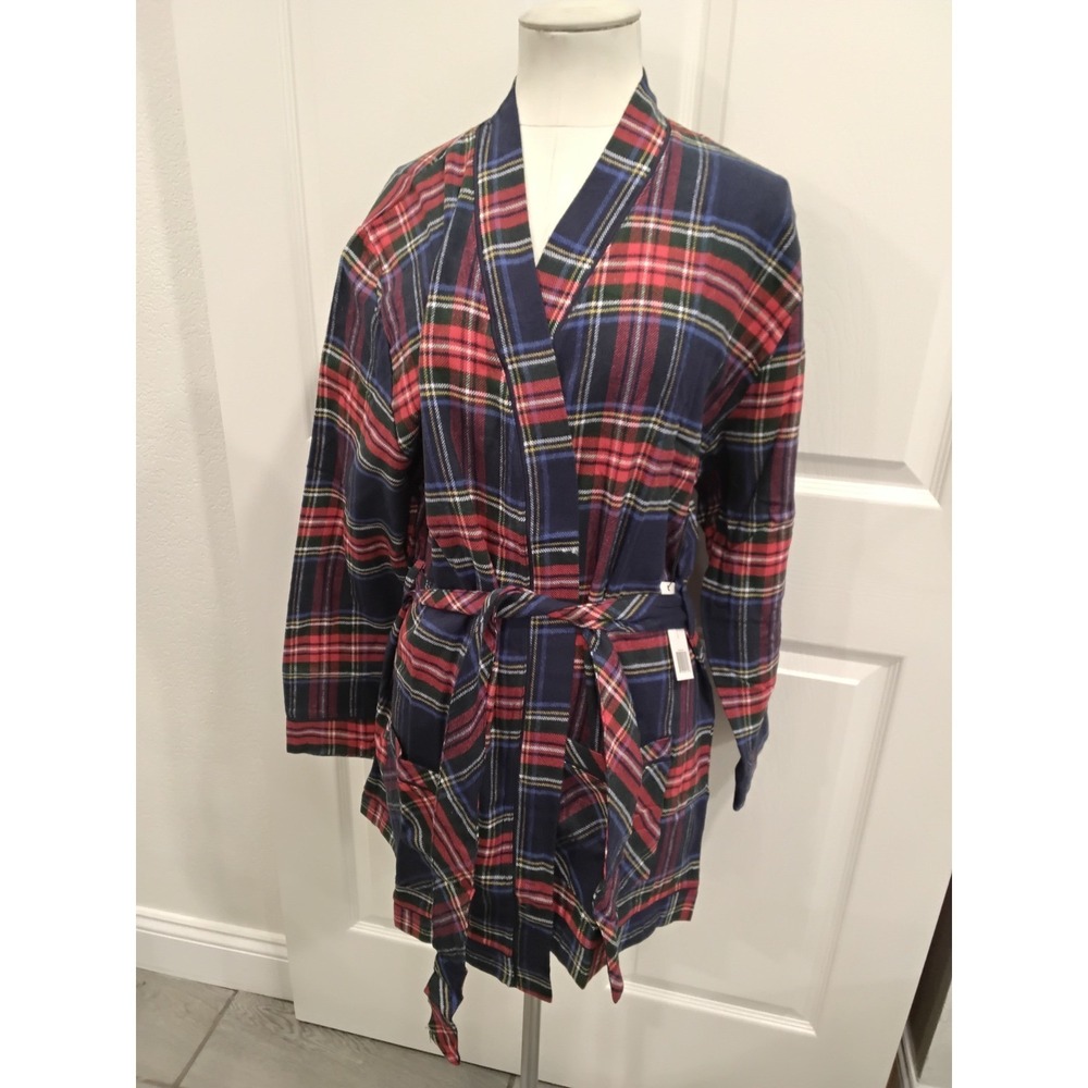 Plush Apparel Red Navy‎ Plaid Cotton Blend Short Wrap Robe Small NWT